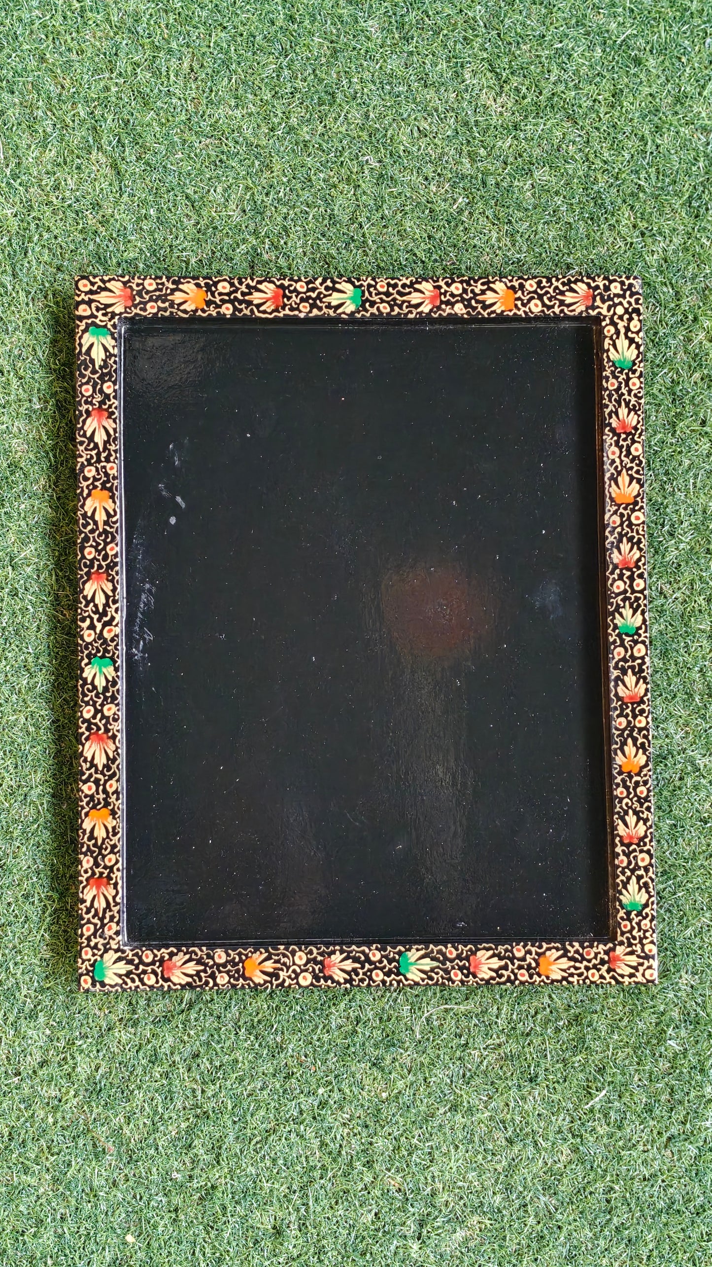 Black golden border floral design hand painted Papier mache serving tray