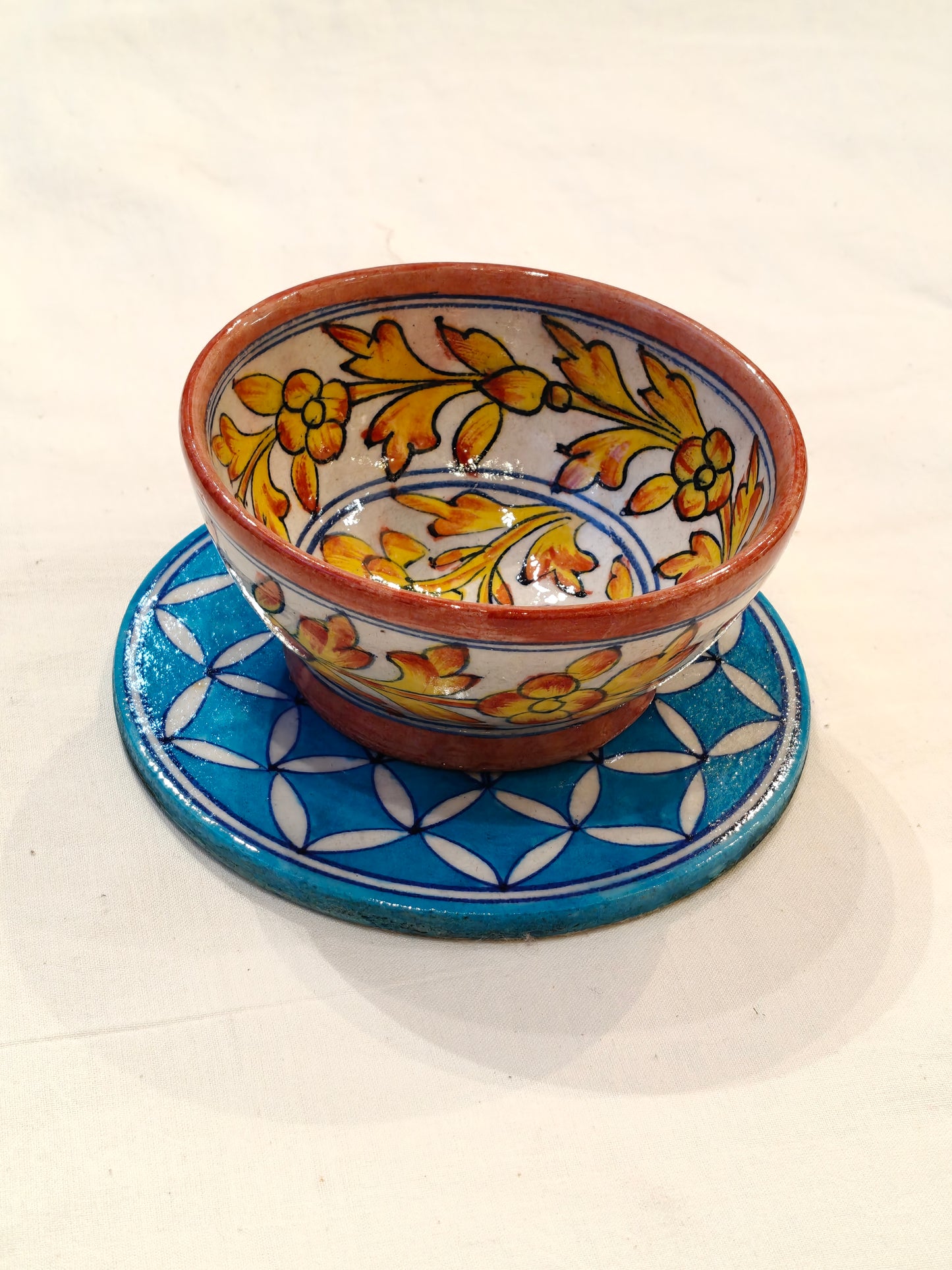 Yellow floral Blue pottery Handcrafted bowl