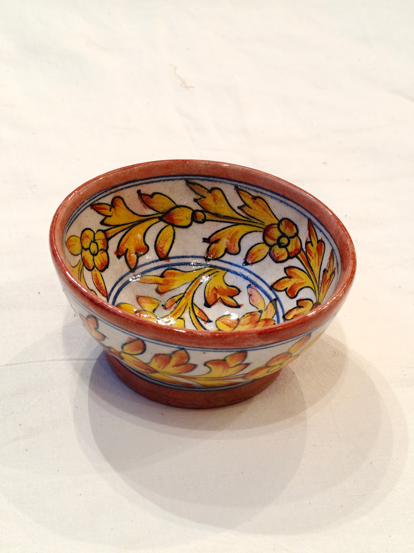 Yellow floral Blue pottery Handcrafted bowl