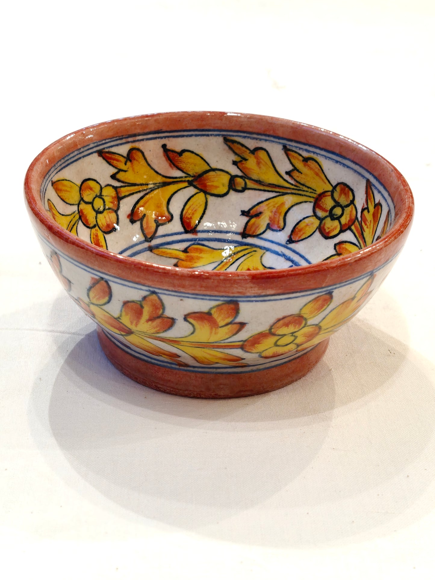 Yellow floral Blue pottery Handcrafted bowl