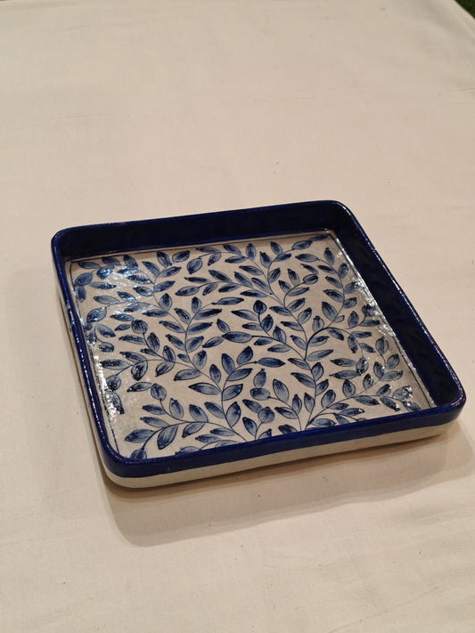 Handcrafted Square shaped blue pottery tray / platter