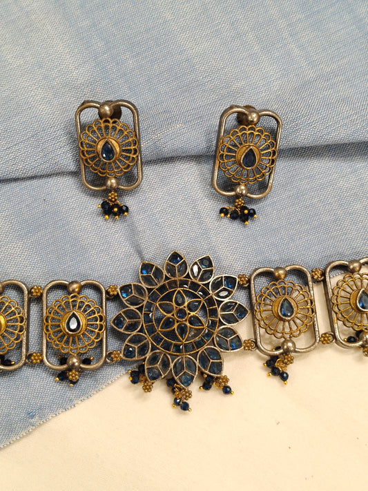 Blue stones choker and earrings set in gold silver dual tone