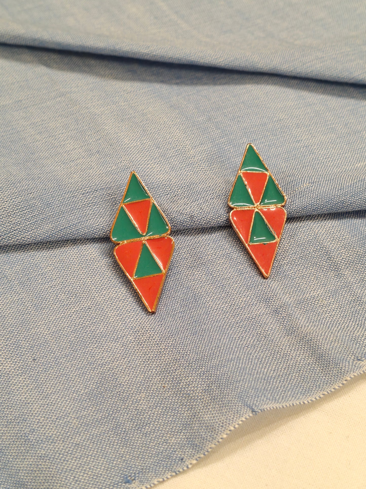 Orange green enamel rhombus made by triangles studs earrings - handcrafted in copper - available in copper, silver n gold finish