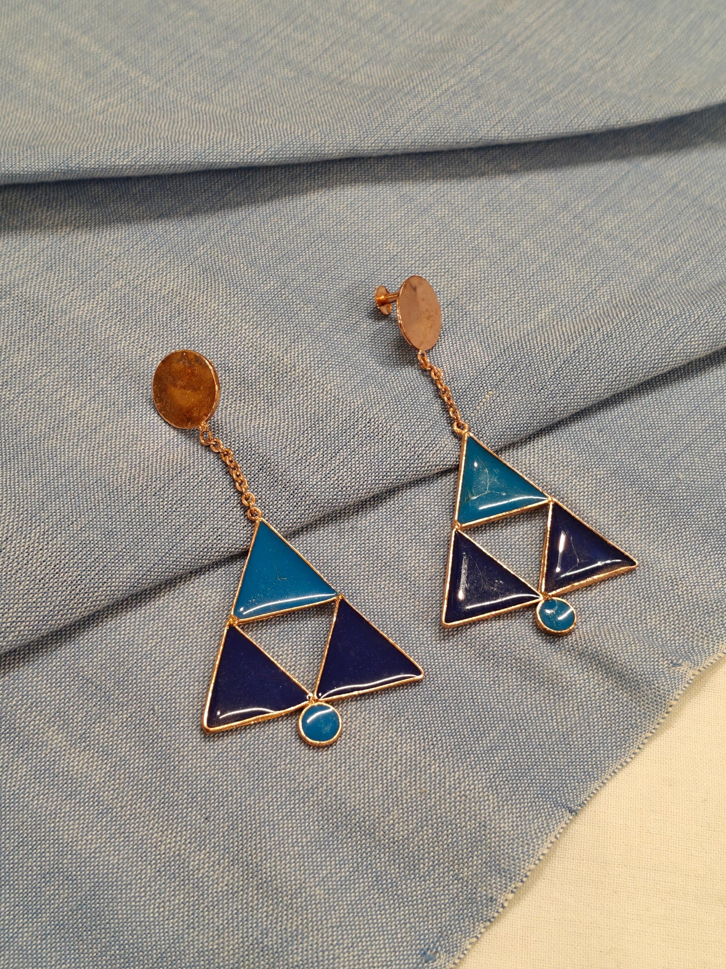 Blue 3 triangles enamel studs earrings - handcrafted in copper