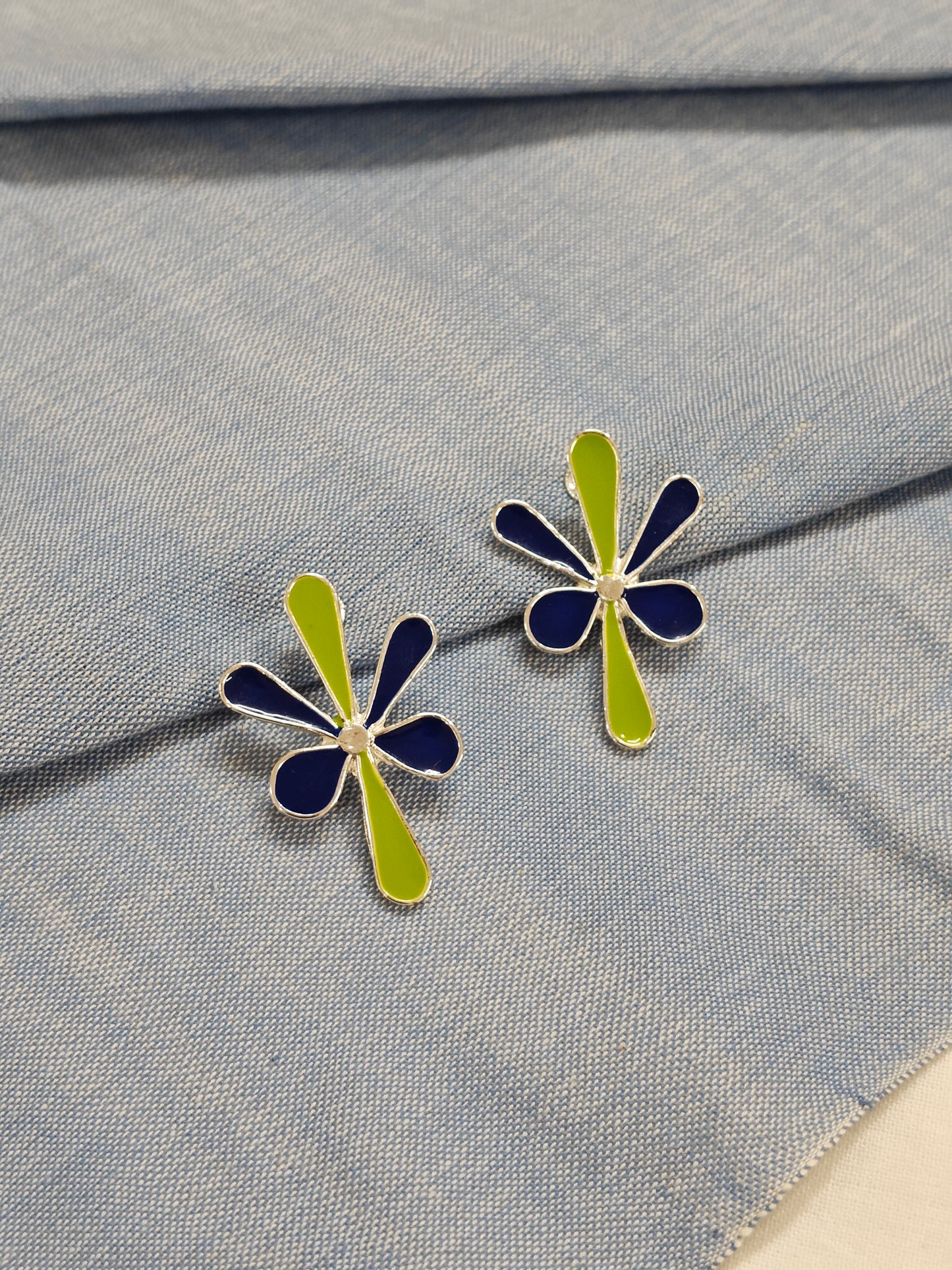 Green and blue flower / clover shaped enamel studs earrings - handcrafted in copper