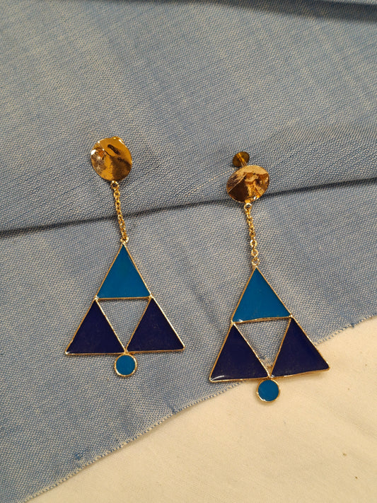 Blue 3 triangles enamel studs earrings - handcrafted in copper