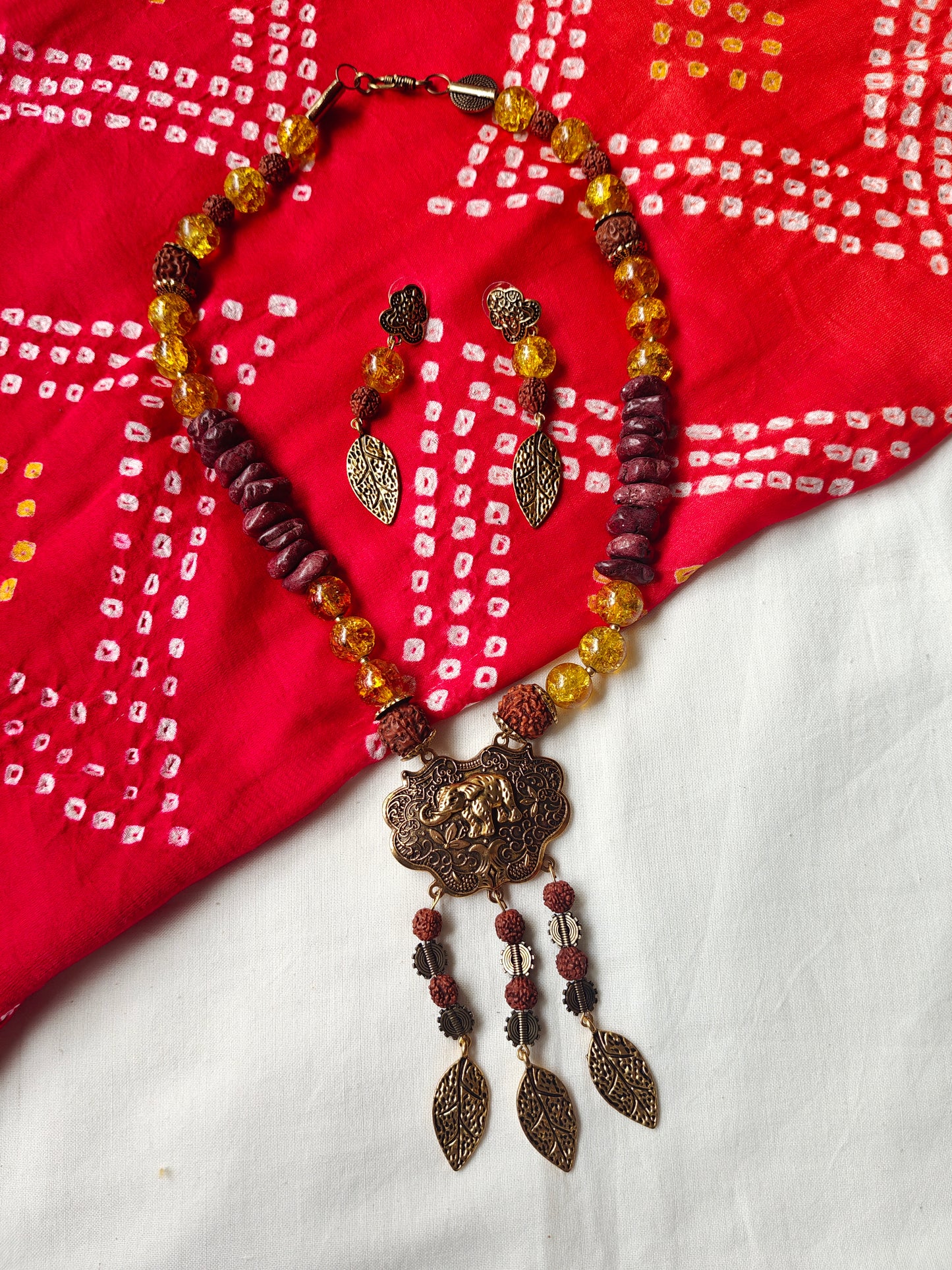 Rudraksha Neckpiece with Elephant pendant, leaf drops and earrings set