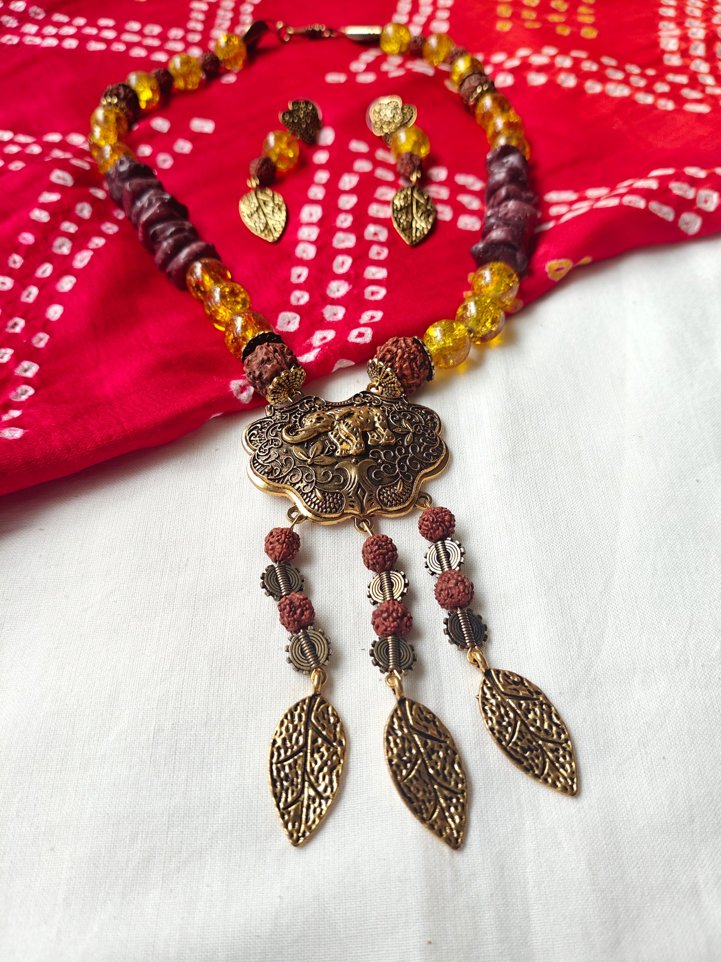 Rudraksha Neckpiece with Elephant pendant, leaf drops and earrings set