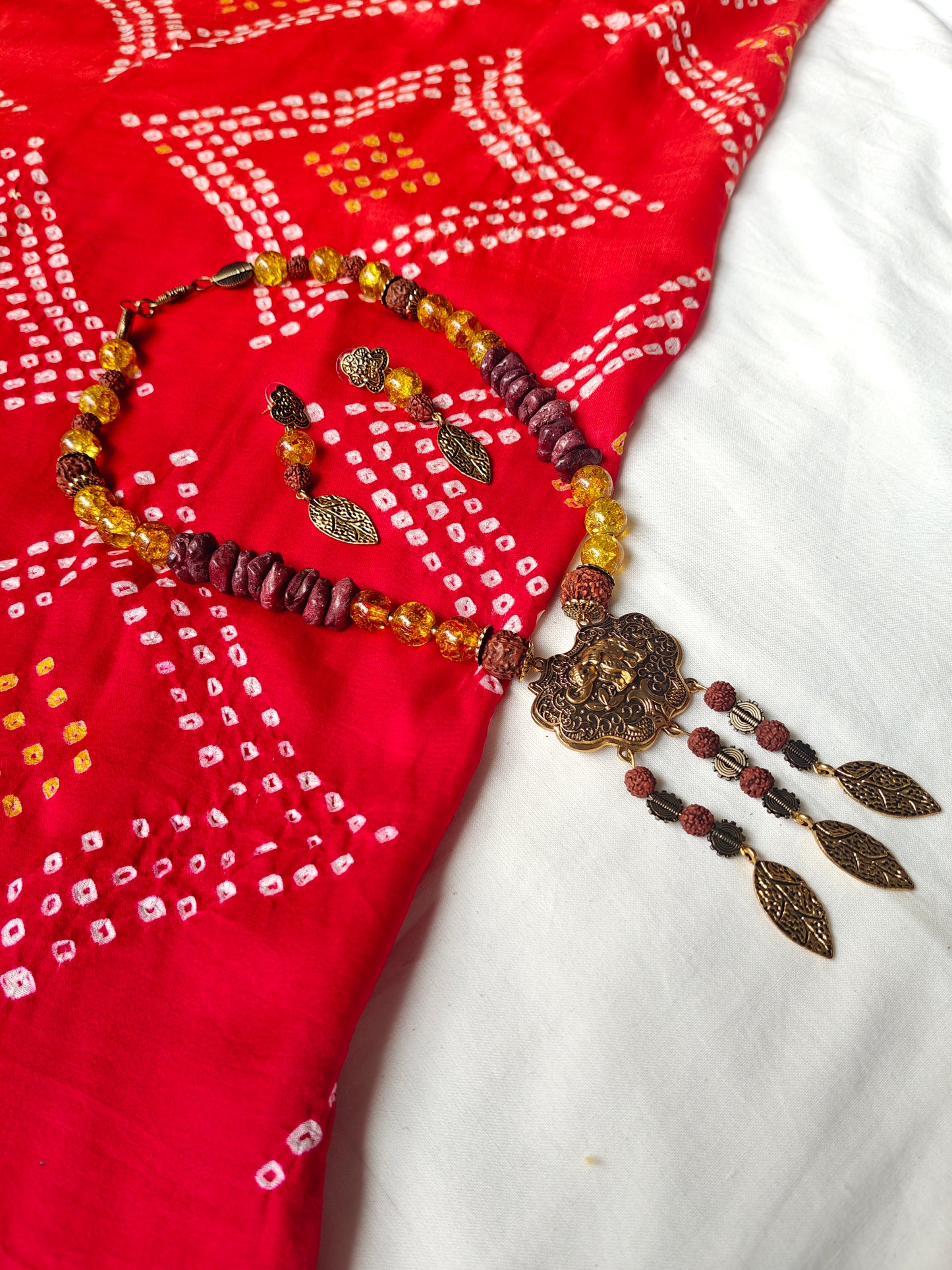 Rudraksha Neckpiece with Elephant pendant, leaf drops and earrings set
