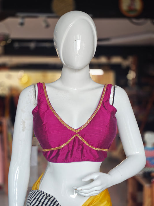 Raw silk back open sleeveless padded blouse with lace detailing