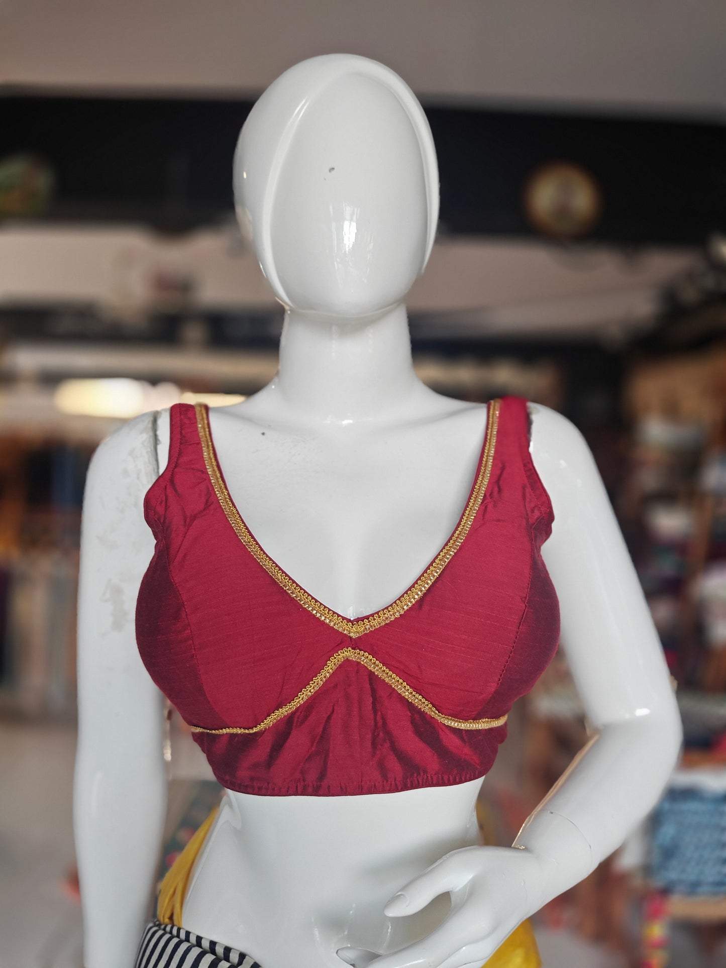 Raw silk back open sleeveless padded blouse with lace detailing