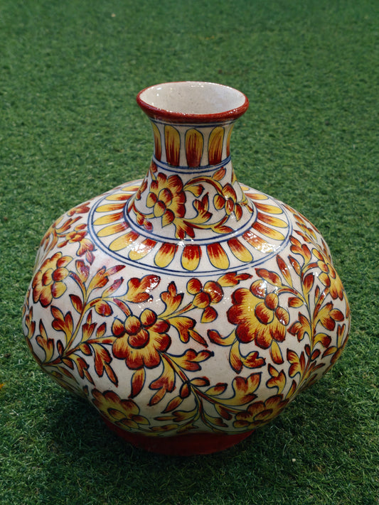 Yellow and white floral blue pottery Handcrafted flower vase