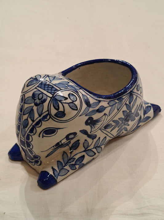 Elephant shaped White and blue color blue pottery handcrafted decorative planter / organizer