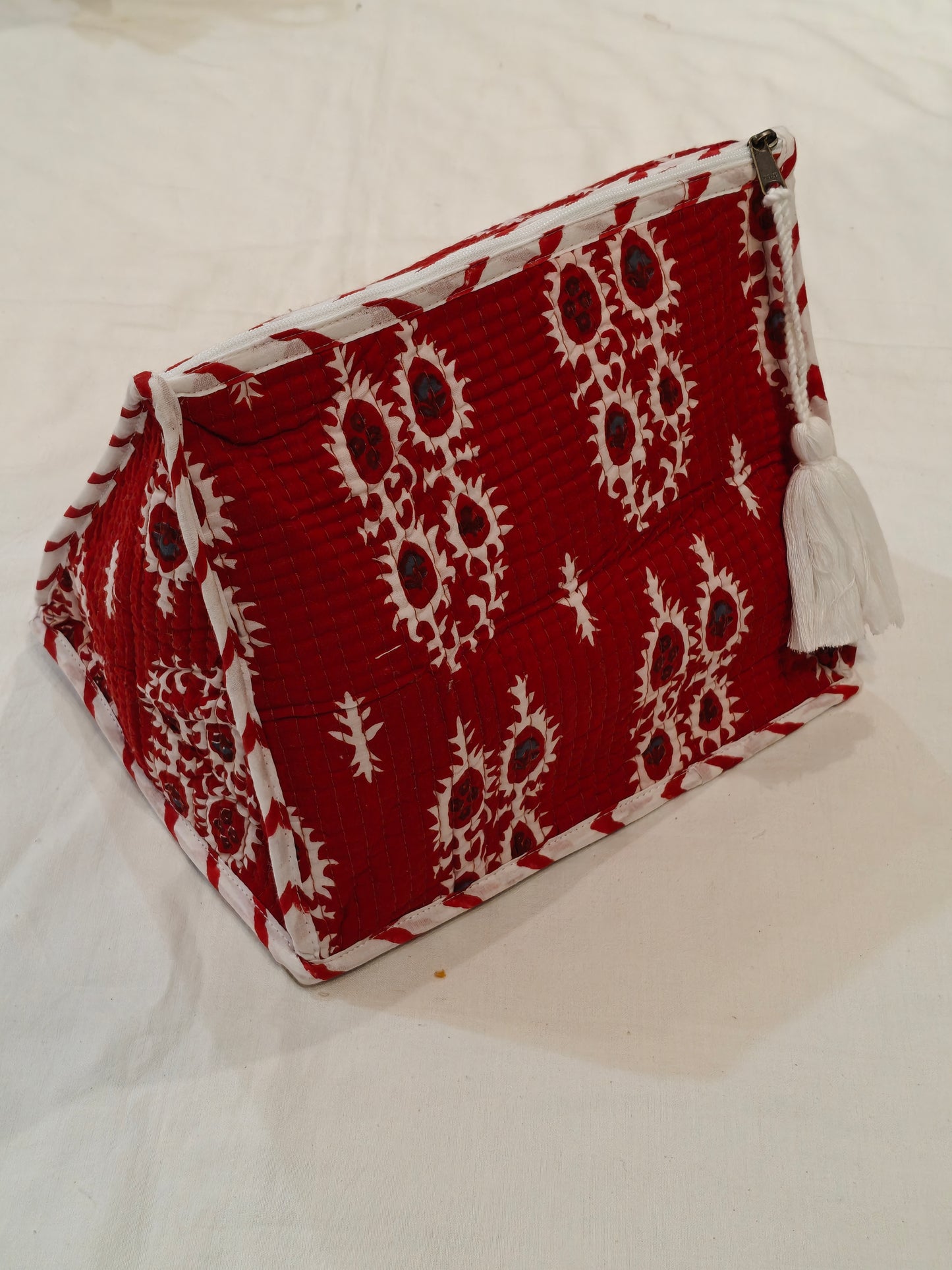 Red Prism shaped pouch in soft quilted Cotton with zipper closure - Handblock printed