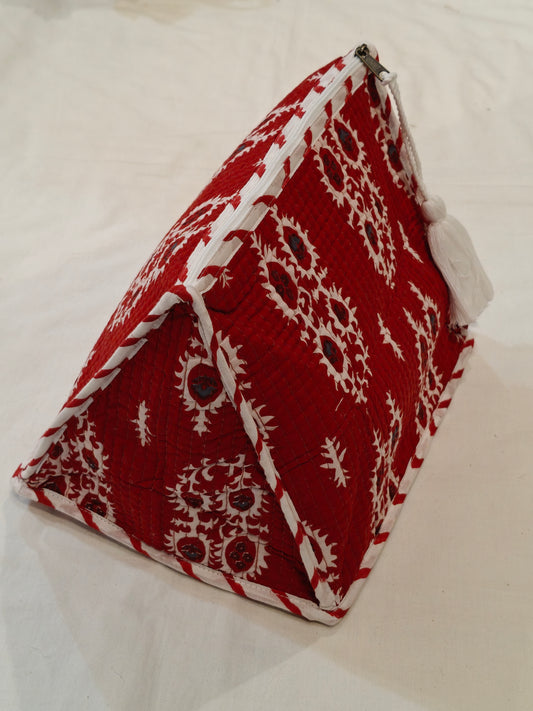 Red Prism shaped pouch in soft quilted Cotton with zipper closure - Handblock printed
