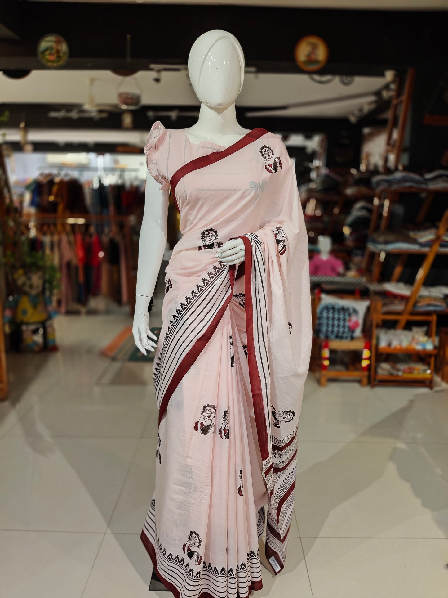 Lovely lady - quirky hand block printed light pink cotton saree