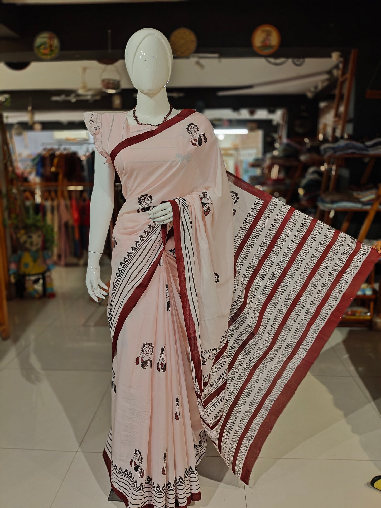 Lovely lady - quirky hand block printed light pink cotton saree