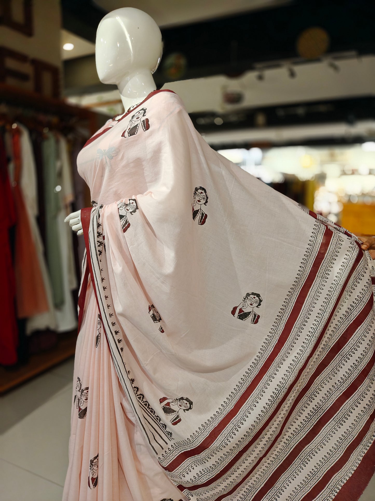 Lovely lady - quirky hand block printed light pink cotton saree