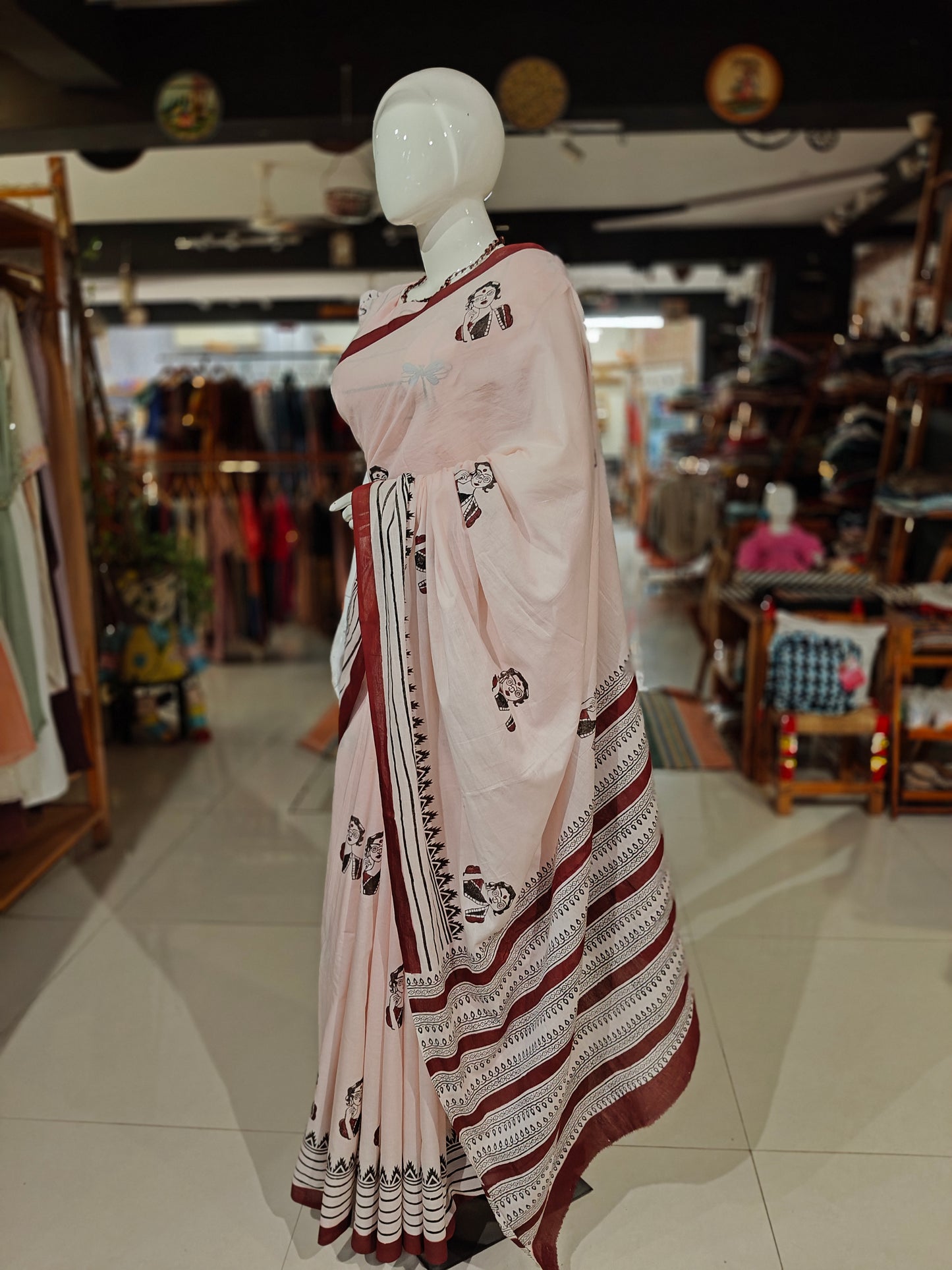 Lovely lady - quirky hand block printed light pink cotton saree