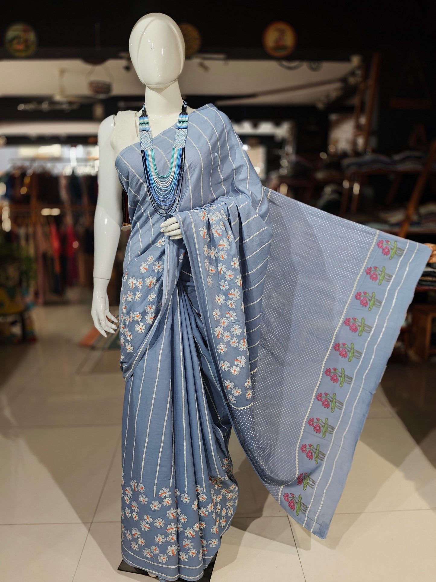 Parijat - the sacred flower - hand block printed light blue cotton saree