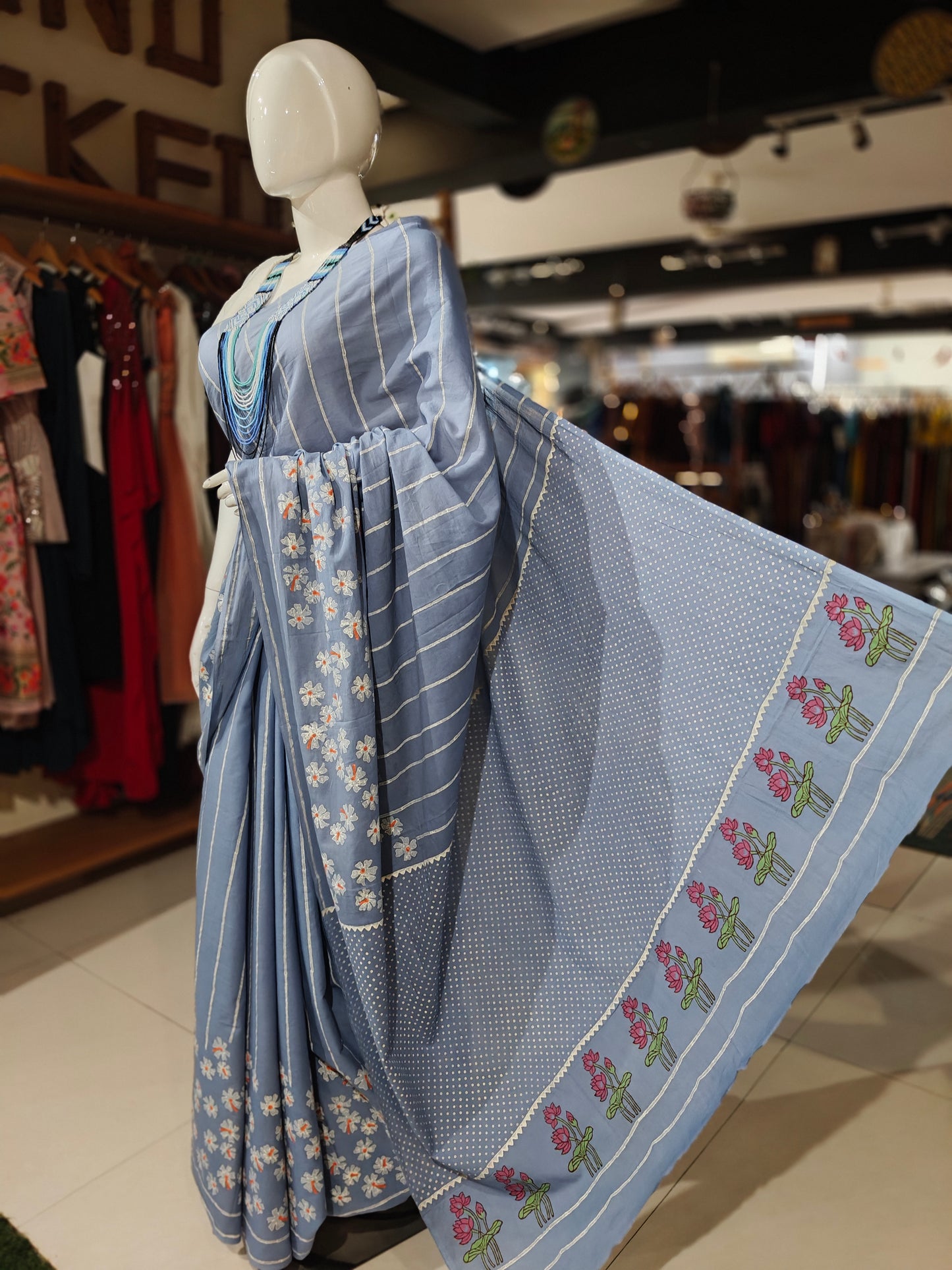 Parijat - the sacred flower - hand block printed light blue cotton saree