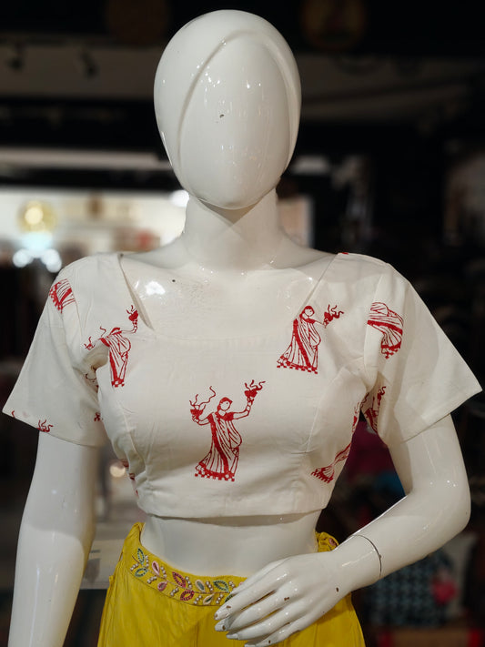 White Dhunuchi  dancer Handblock printed cotton blouse - back open