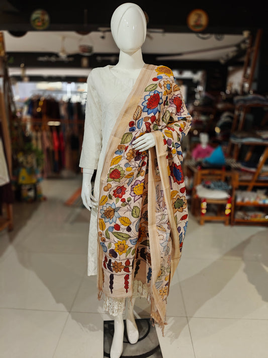 Colorful floral handpainted on Cream base Bangalore silk dupatta