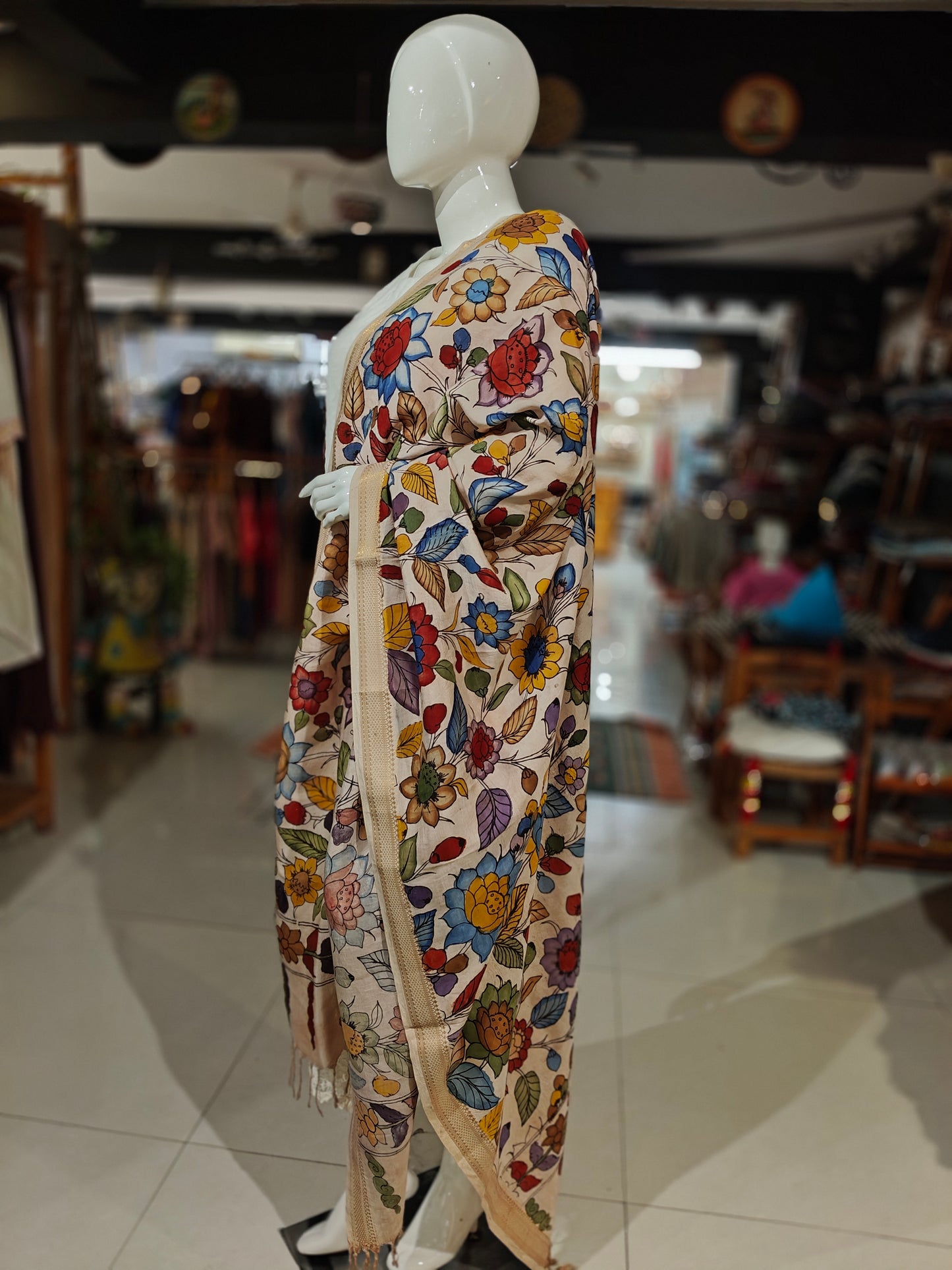 Colorful floral handpainted on Cream base Bangalore silk dupatta