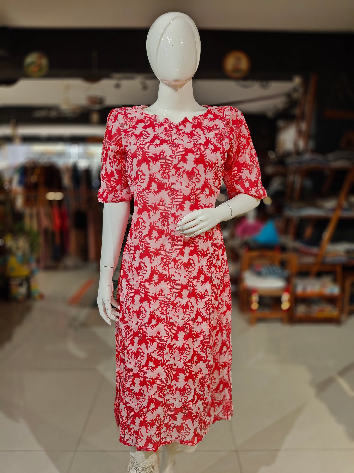 Red and white hand batik georgette straight kurta
