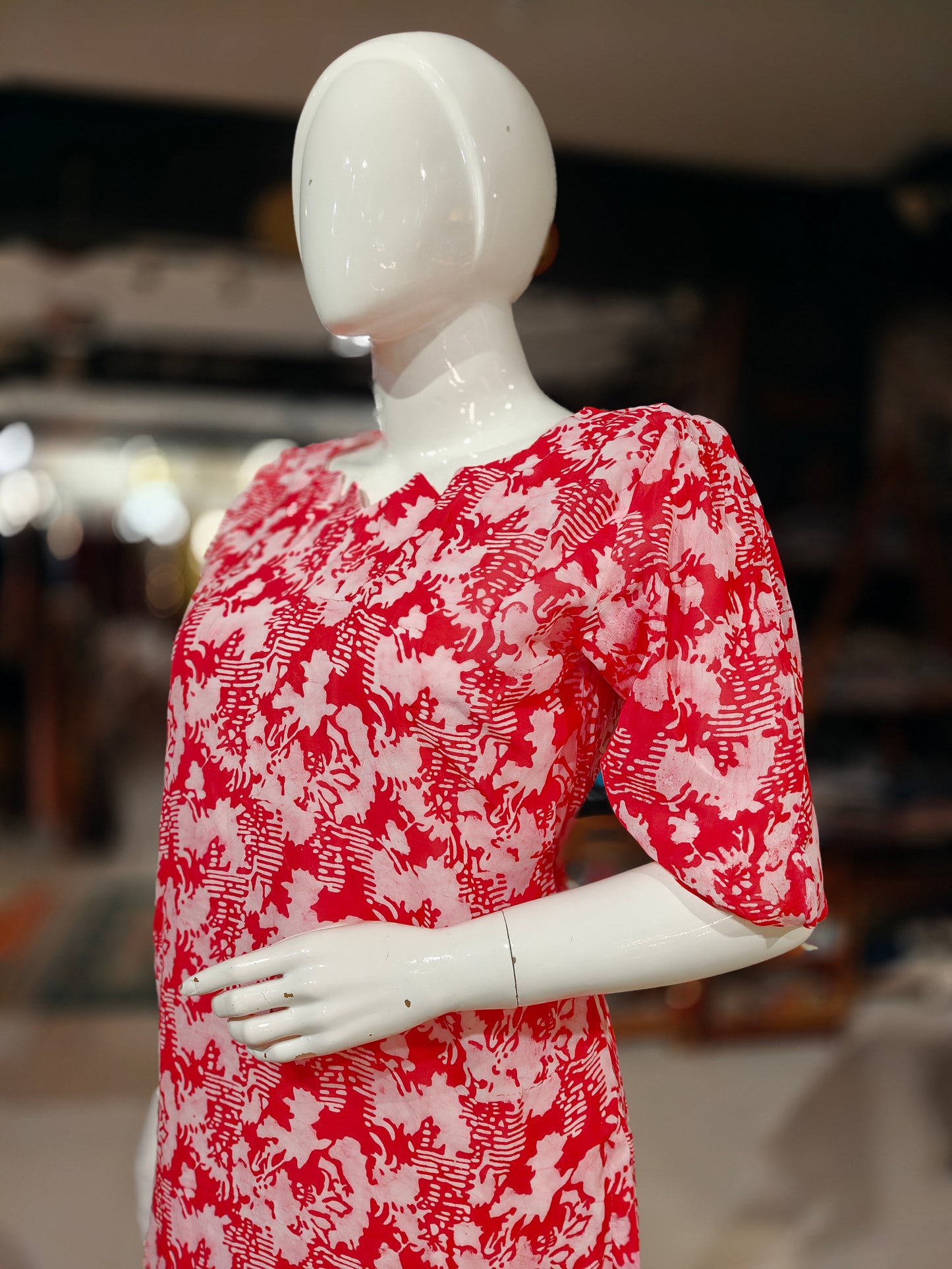 Red and white hand batik georgette straight kurta