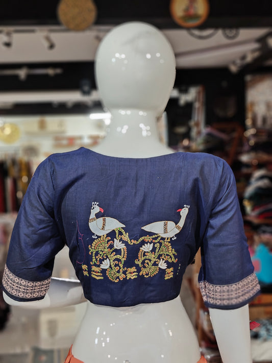 Handloom cotton elbow sleeves with borders blouse - Handpainted / Hand embroidered