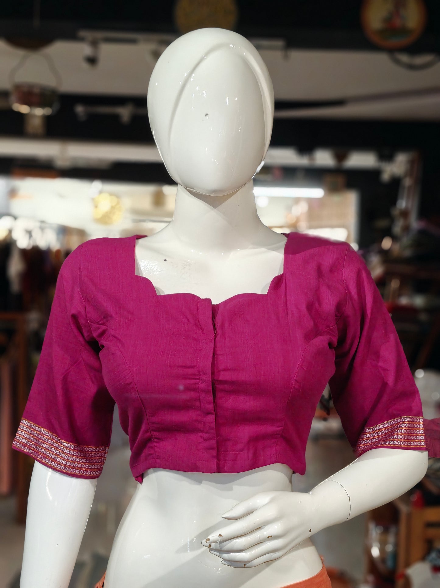 Handloom cotton elbow sleeves with borders blouse - Handpainted / Hand embroidered