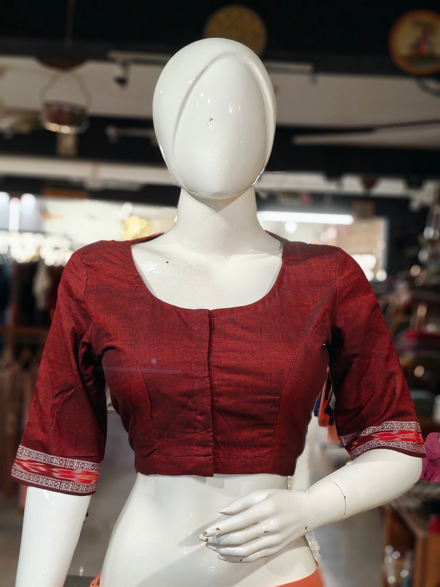 Handloom cotton elbow sleeves with borders blouse - Handpainted / Hand embroidered