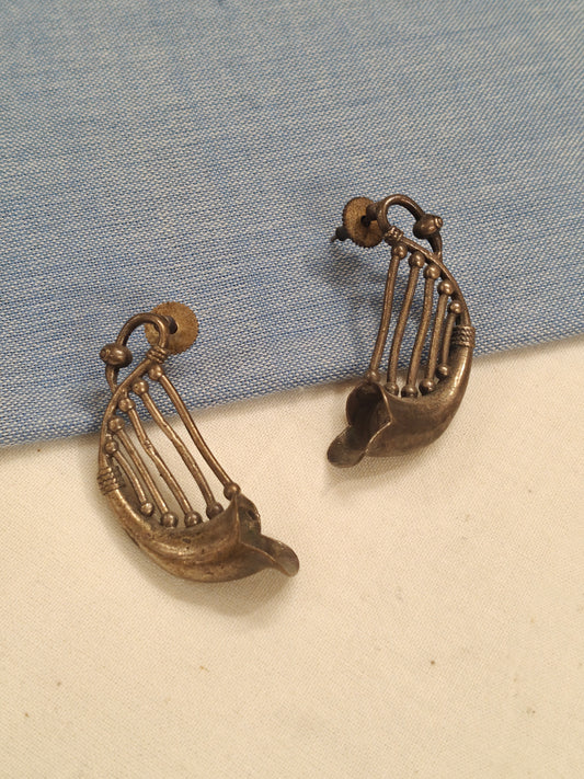 Musical instrument shaped oxidised silver ear studs