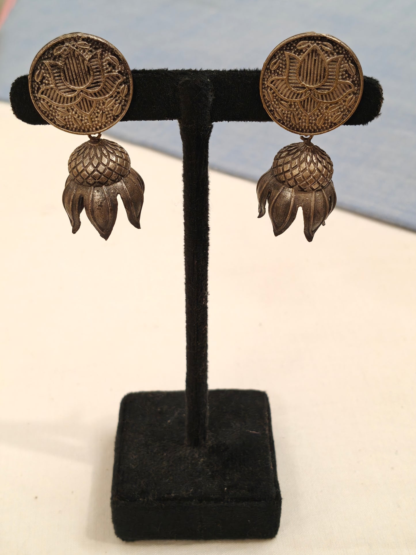 Blooming lotus drops oxidised silver ear rings