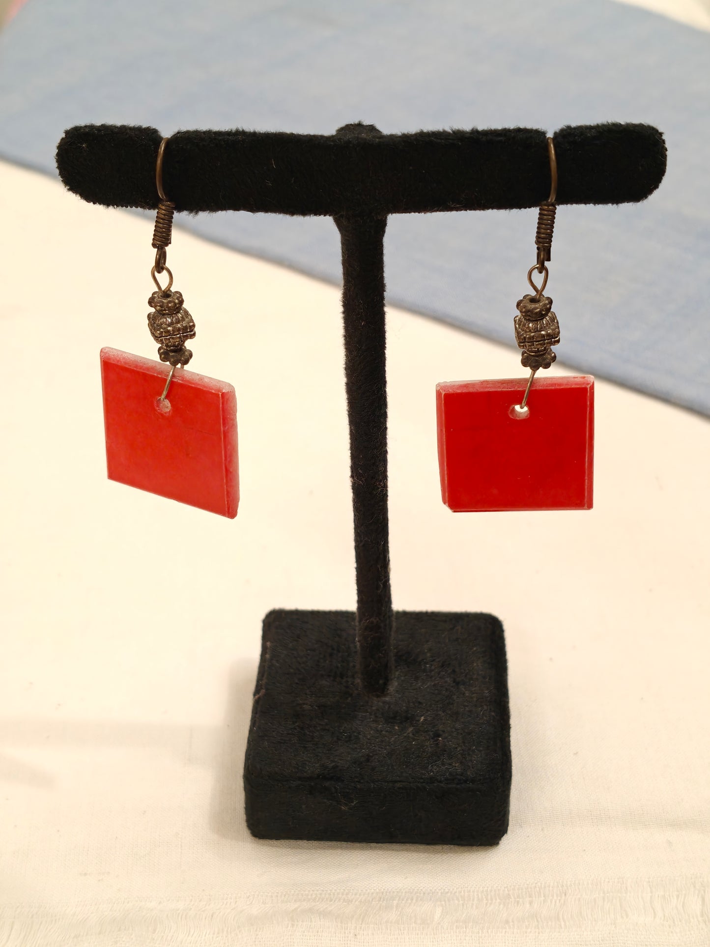 Red marble drop with silver beads oxidised silver ear studs