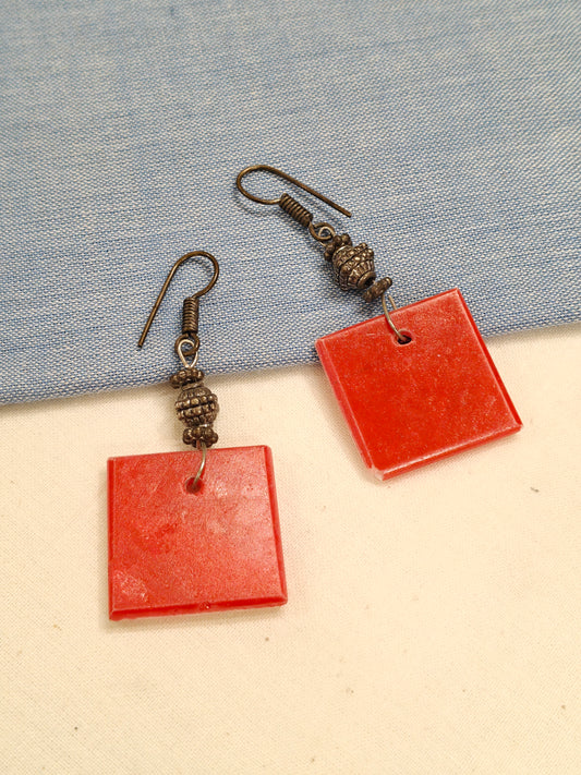Red marble drop with silver beads oxidised silver ear studs