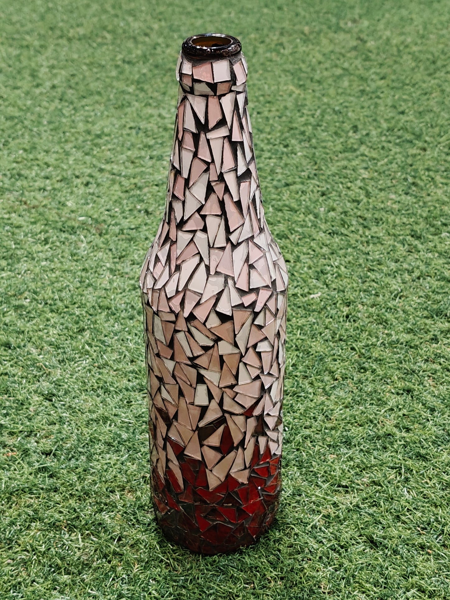 Red and pink mosaic mirror work on glass bottle - Handcrafted flower vase / decor