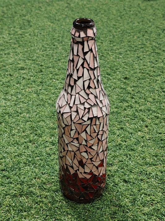 Red and pink mosaic mirror work on glass bottle - Handcrafted flower vase / decor