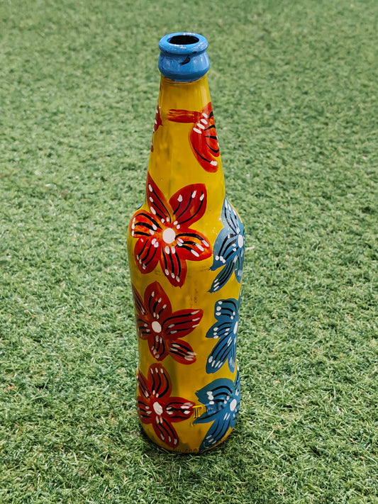 Glass bottle with Handpainted flowers on it -  flower vase