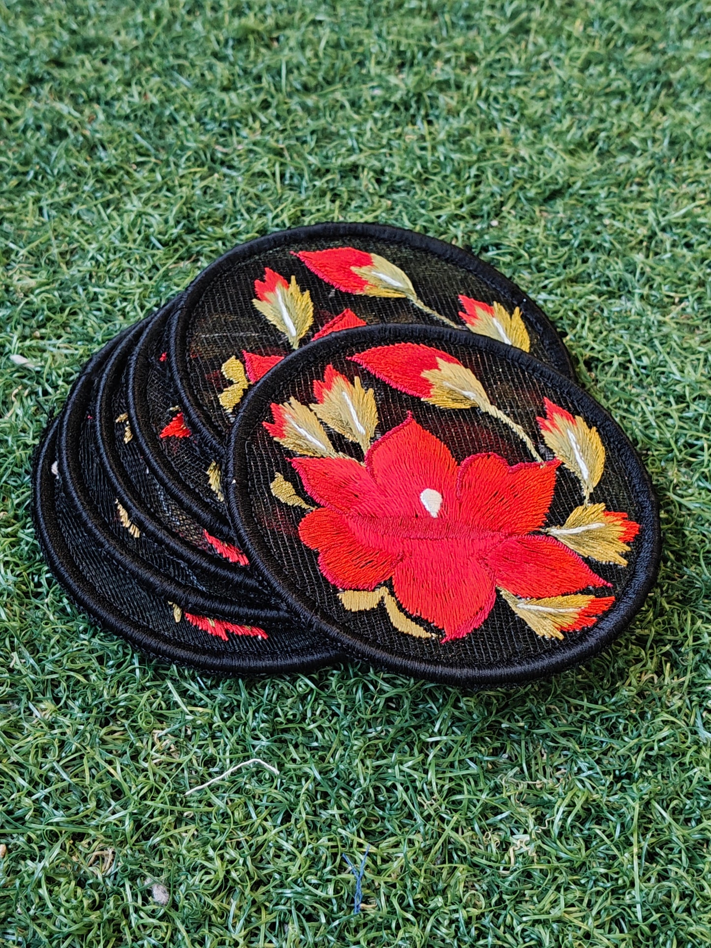 Flowers embroidered Handcrafted fabric coasters - 6 piece set