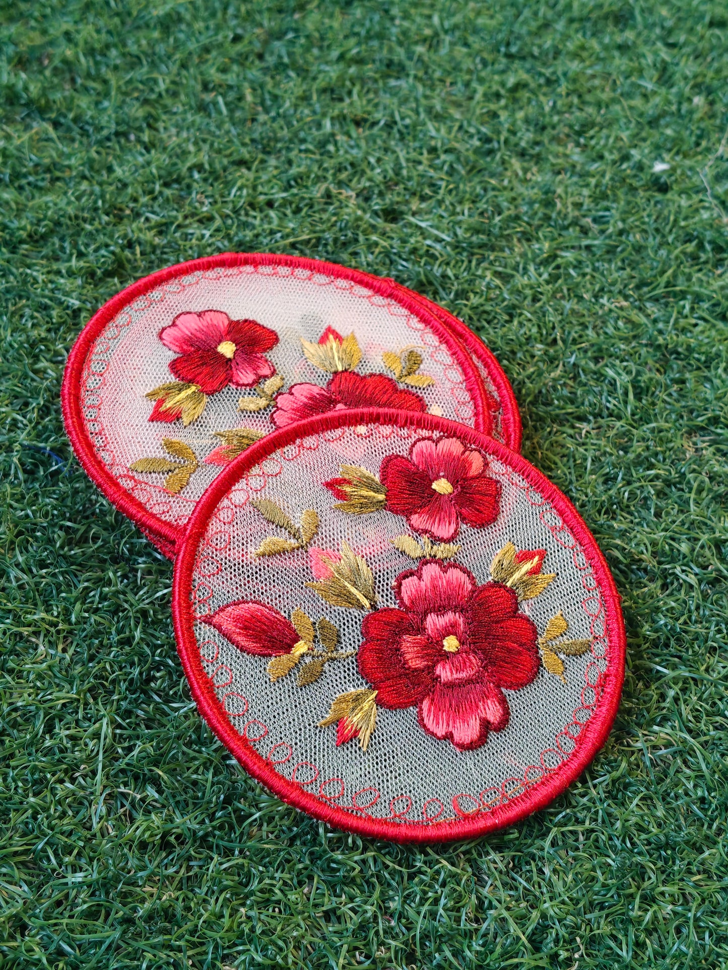 Flowers embroidered Handcrafted fabric coasters - 6 piece set