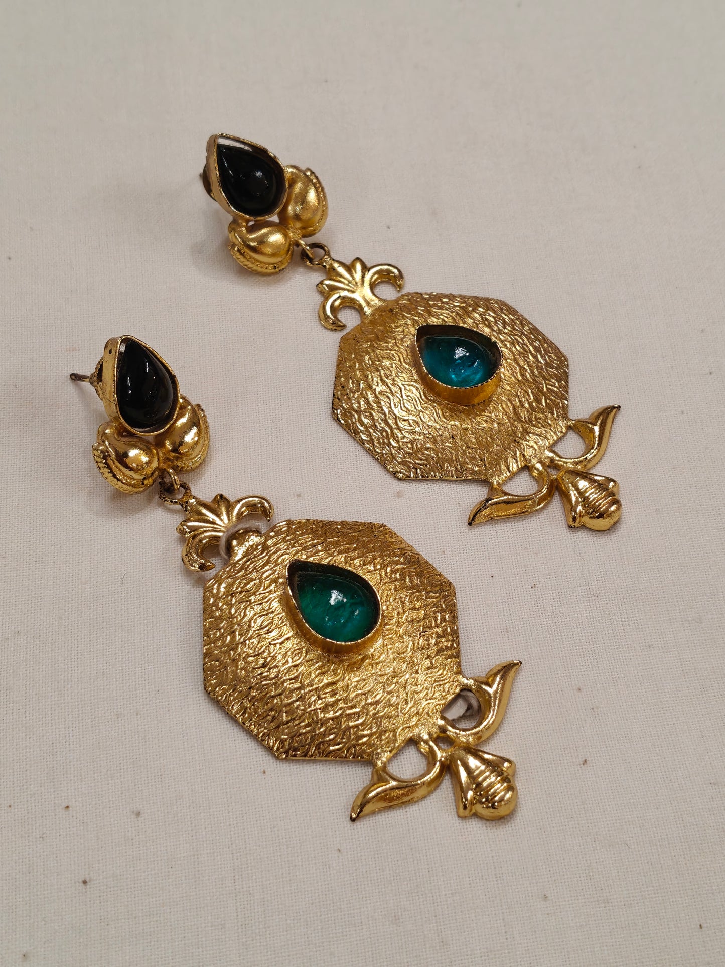 Golden hexagonal drops with green stone - ear rings