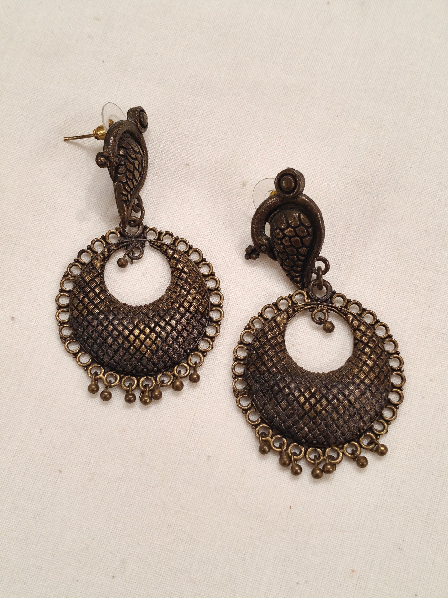 Bird chandbali silver oxidised earrings in antique gold look