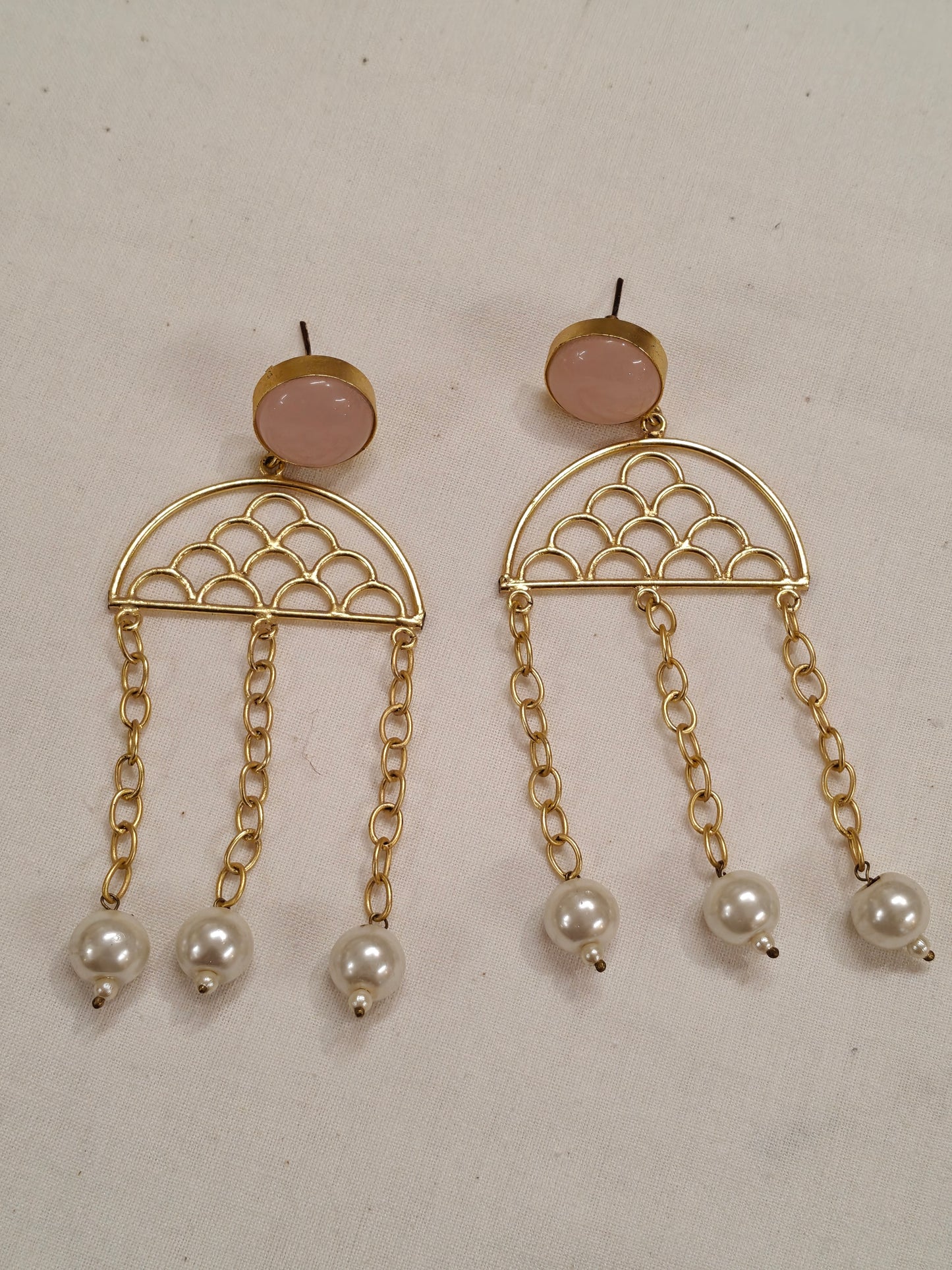 Umbrella shaped with baby pink stone and 3 pearl chain drops - earrings
