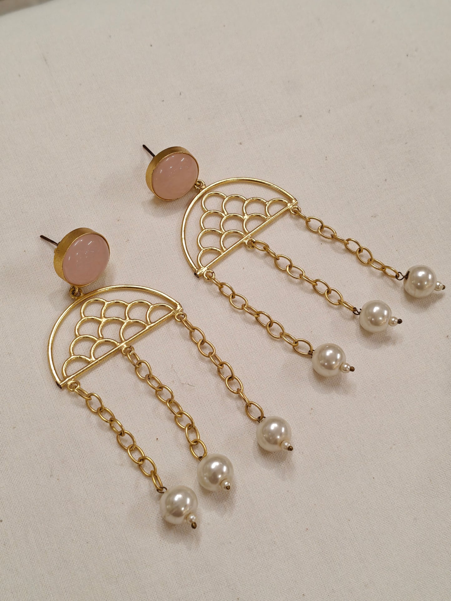 Umbrella shaped with baby pink stone and 3 pearl chain drops - earrings