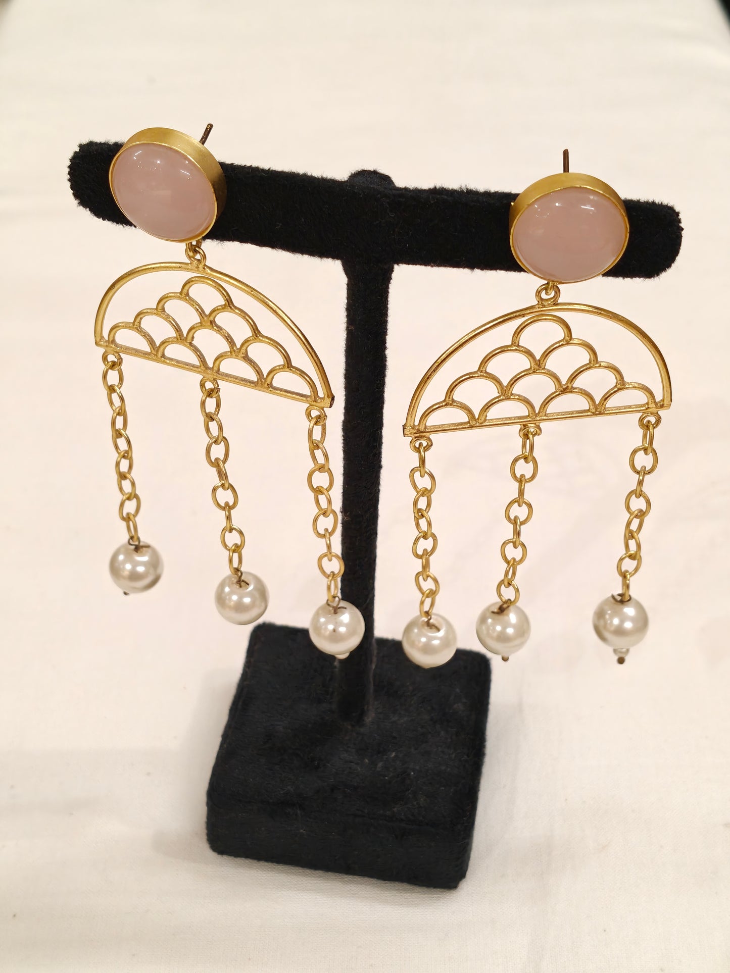 Umbrella shaped with baby pink stone and 3 pearl chain drops - earrings