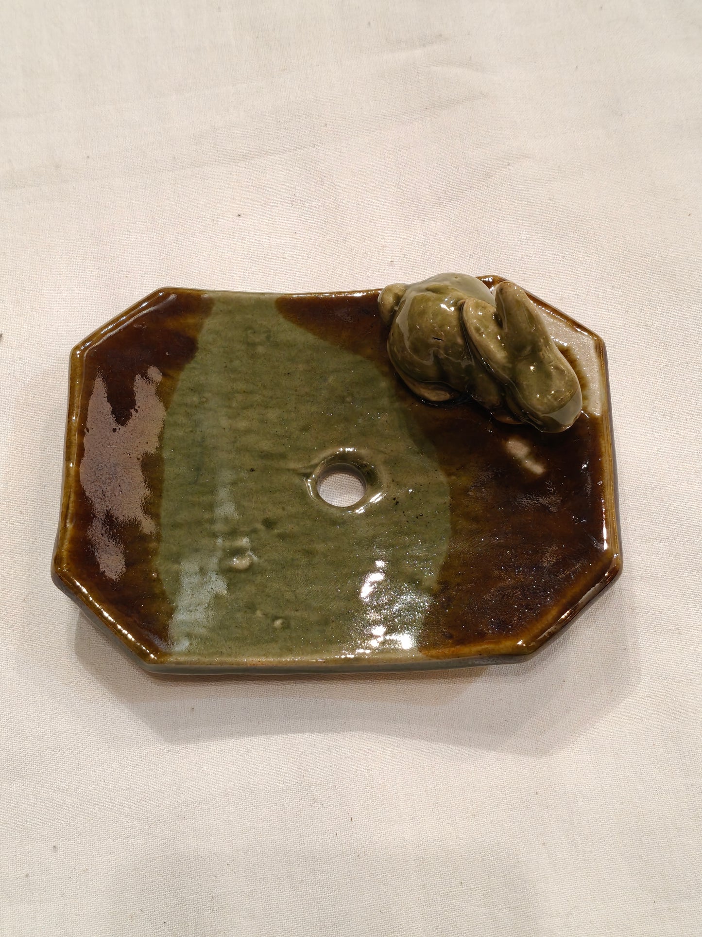 Green and brown Ceramic Handcrafted with cute rabbit top soap dish