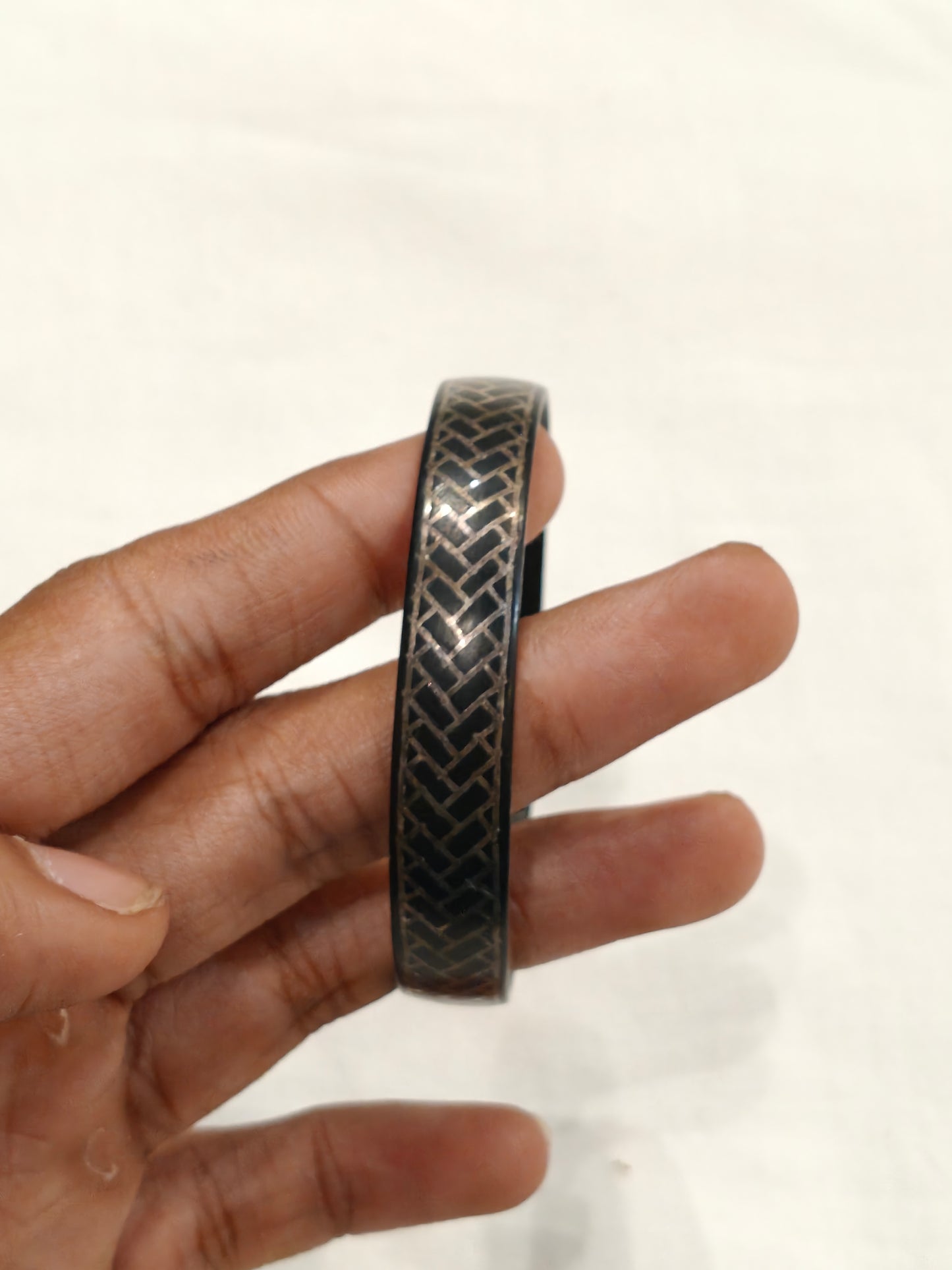 Black bidri style silver inlay bangle with rectangular patterns