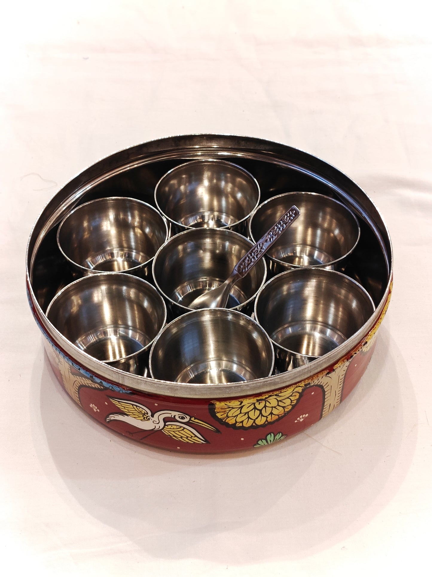 Vine red Handpainted forest theme spice box / organizer - 7 boxes with a spoon